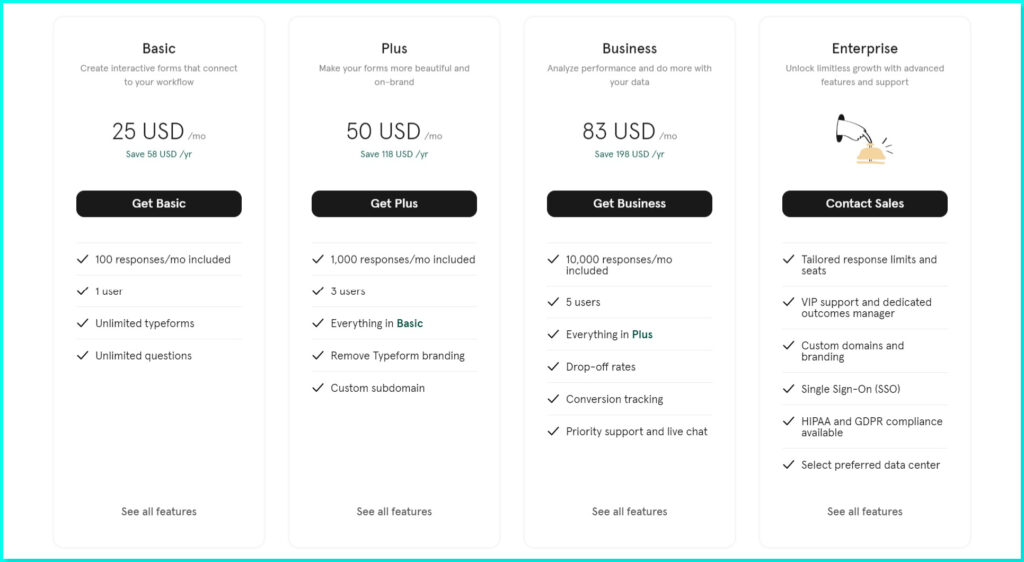 Typeform choose plan