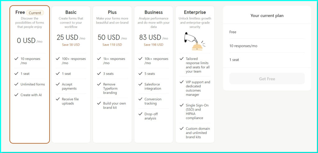 Typeform free plan